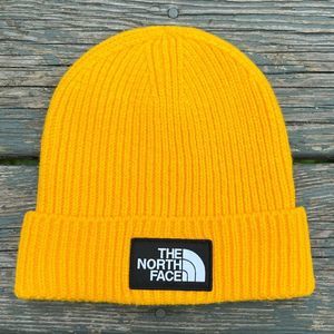 RARE The North Face Box Logo Cuff Beanie Hat Knit Winter Cap One Size Yellow